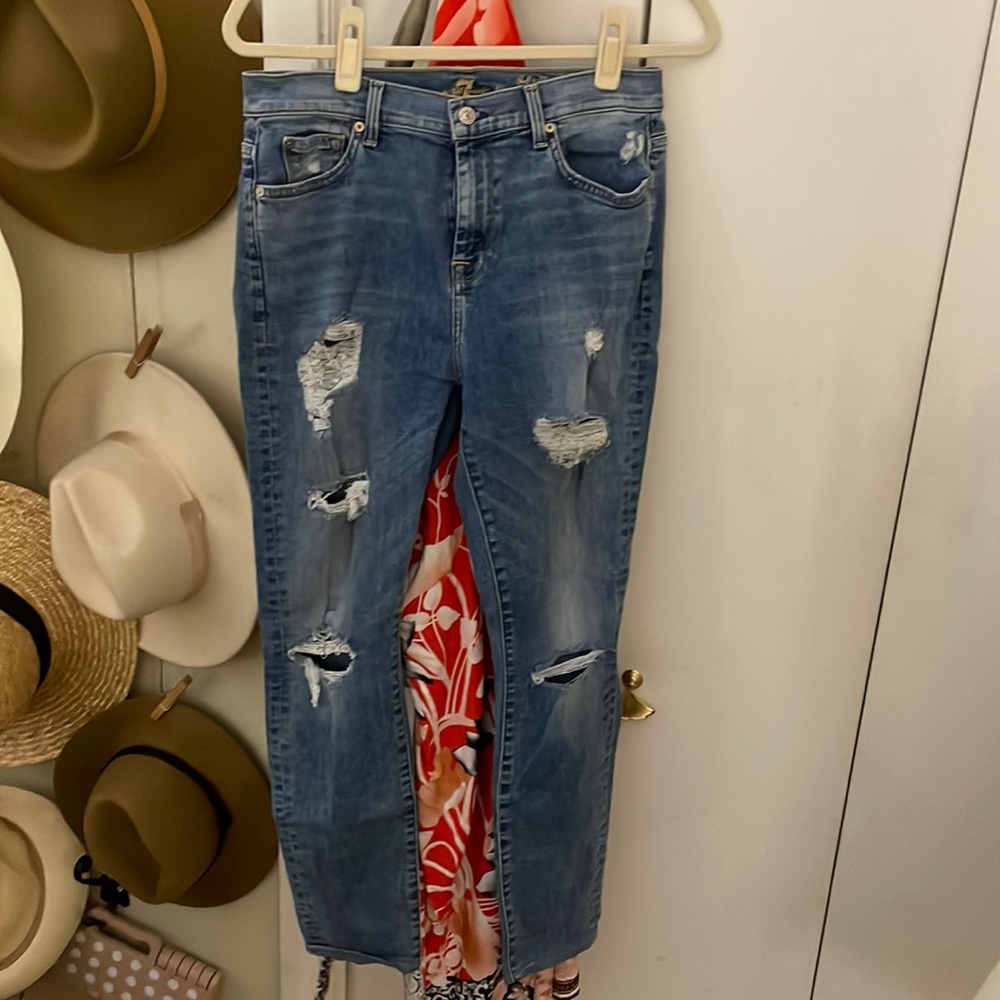 7 For All Mankind High Waisted Distressed Skinny Jeans